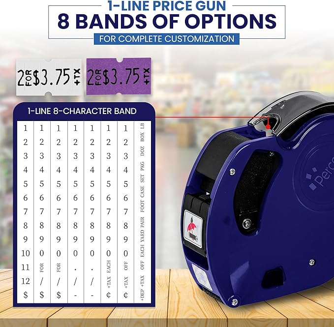 Perco Lite 1 Line Price Gun with Labels Kit - Includes 3 White Rolls, 1 Gun Clip, 3 Purple Rolls, 2 Ink Rollers, 1 Ink roll and Labels Pre-Loaded