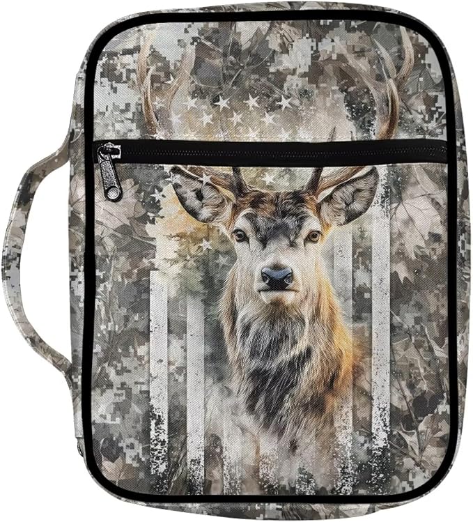 Coldinair Elk Camo American Flag Bible Cover for Kids Boy,Protective Book Cover Bible Case Carrier Carrying Organizer Purse Handbag with Zipper Pockets Church Bag
