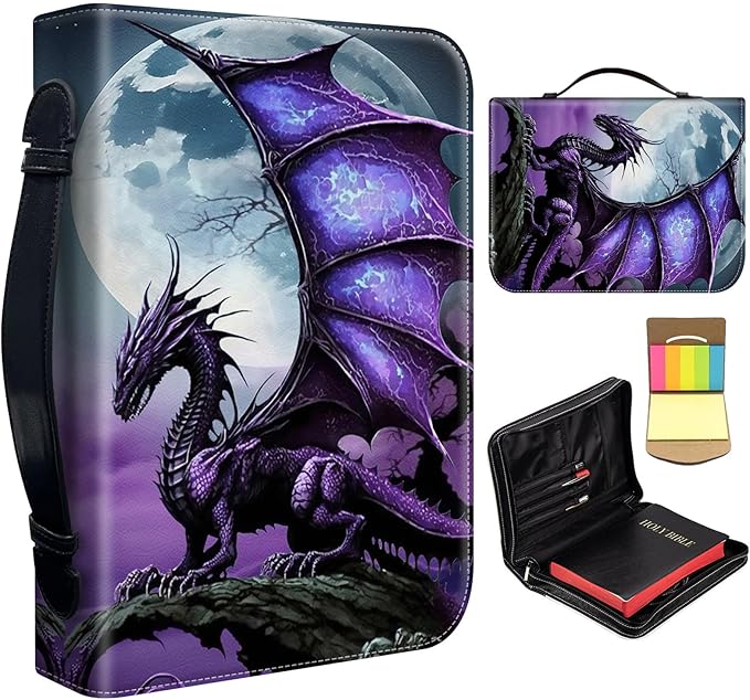 Bible Cover for Men,Large Leather Bible Case Fit Book Up to 11x8x2 Inch,Purple Arcient Dragon Bible Covers Bible Study Carrier Church Bags w/Handle & Zipper