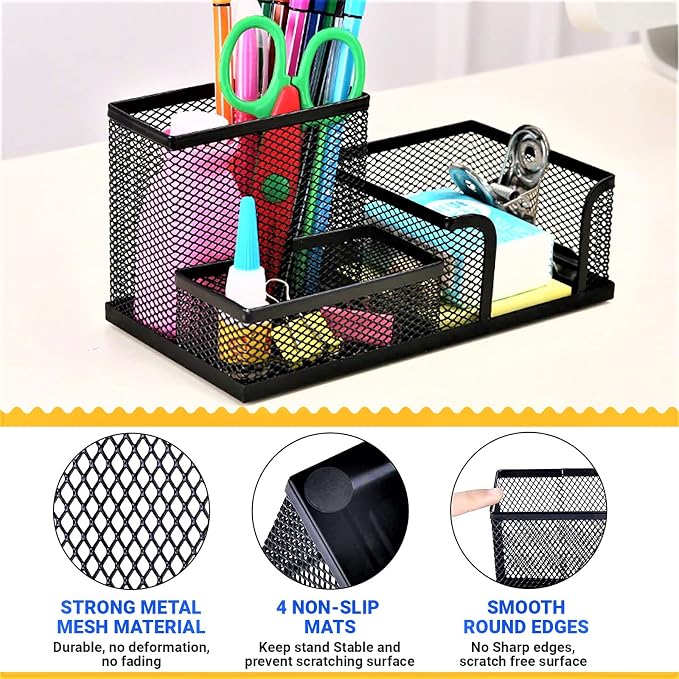 2 Pack 3 in 1 Mesh Pen Holder for Desk, 3 Compartments Pencil Holder Desk Organizer Caddy with Sticky Notes Holder Easy Storage Suitable for Home, Office and School