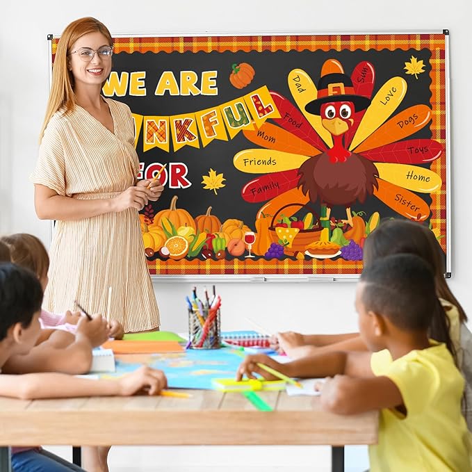 gisgfim 59 Pcs Thanksgiving Turkey Bulletin Board Set We Are Thankful Autumn Fall Thanksgiving Classroom Decorations Pumpkin Maple Leaves for Cutouts for DIY Craft Harvest School Home Wall Decorations