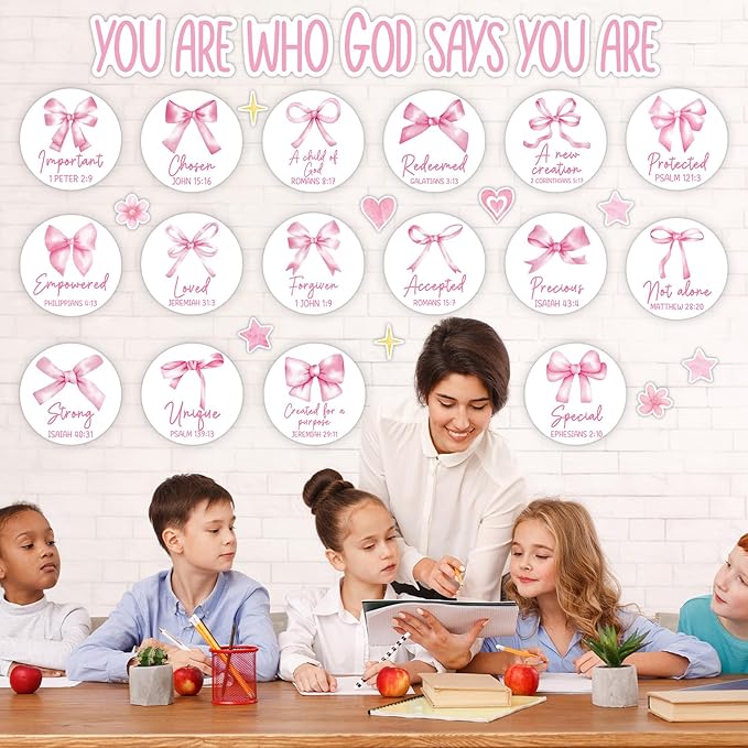 Christian Bulletin Board Decorations Inspirational Bulletin Board Set Pink Bow God Says You are Religious Classroom Wall Decor VBS Motivational Cutouts for Sunday School Home Church Supplies