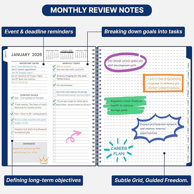 2026-2027 Monthly Planner, 18 Monthly Calendar Planner, January 2026 - June 2027, 8’’ x 10’’, 2026 Spiral Agenda with Tabs ＆Pocket, Flexible Cover, Organizer Notebook for Office Home School, Blue