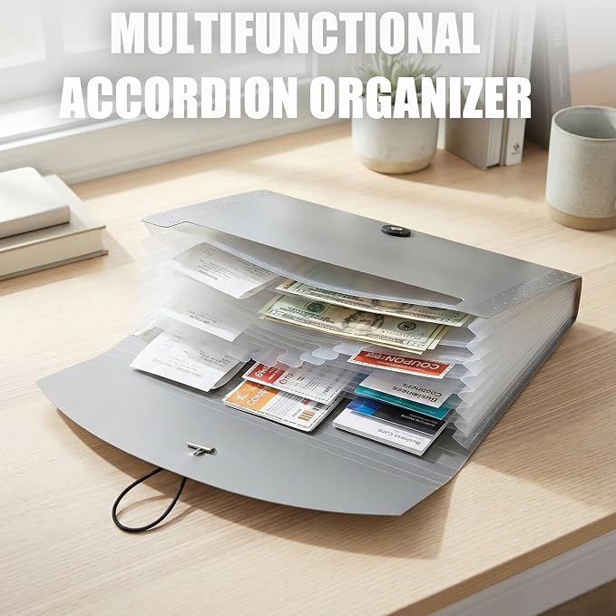 Portable 13-Pocket Receipt & Coupon Organizer, Small Expanding Accordion File Folder with Labels, Long Ticket Size Holder for Bills, Checks, and Travel Documents (10.2" x 5.5"), Black