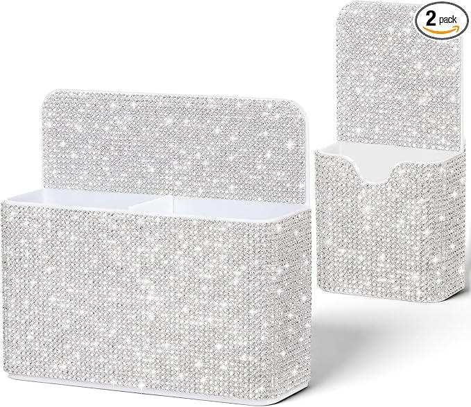 MotiMind 2 Pcs Silver Bling Magnetic Marker Holder Women Girl Locker Accessories Marker Pen Pencil Holder for Refrigerator Whiteboard Sparkly Gift Desk Organizer for School Office (Rhinestone)