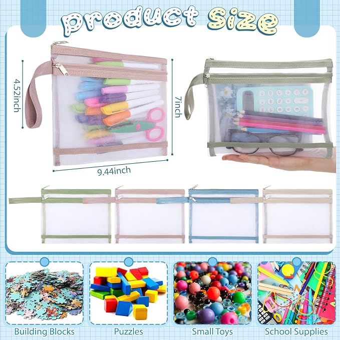 MotiMind 48 Pack Double Layer Mesh Zipper Pouch Bags 9.45 x 7.09 In/ A5 Large Capacity Zipper Mesh Bags for Organizing Storage Colored Storage Pouch with Handle for School Office and Home