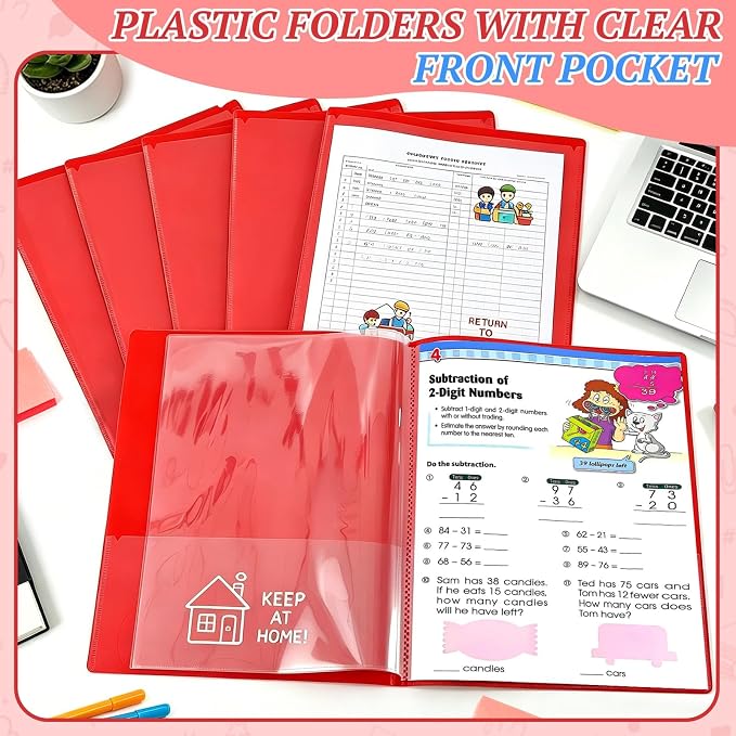 12 Pcs Take Home Folders for Elementary Students,Back to School 2 Pocket Folders with Clear Front Pocket 4 Inner Pockets,Plastic Parent Teacher Communication Folder 11.81 x 9.45 Inch (Red)