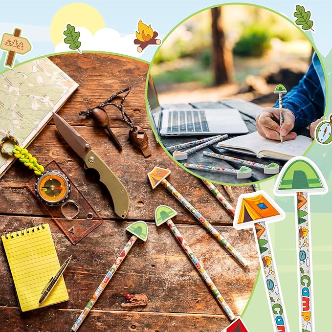 32 Pcs Camp Pencil with Eraser Summer Camping Party Favors Camping Stationery Supplies for School Classroom Exchange Gift Reward Prizes Adventure Vbs Party Supplies
