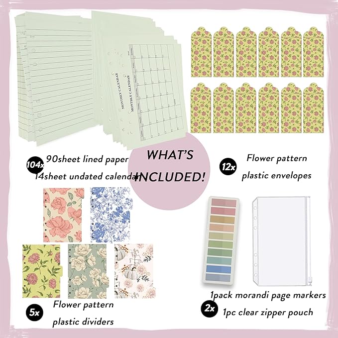A6 Budget Planner Inserts with Undated Monthly Calendar Refills Budget Cash Envelopes, A6 6 Ring Organizer Planner Binder Journal Inserts Women Refillable Planner Agenda
