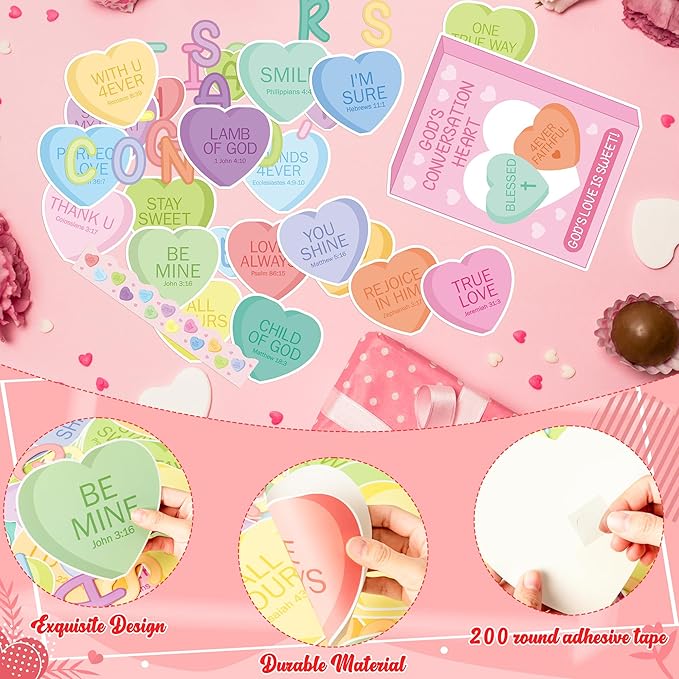 135Pcs Valentine’s Day Conversation Heart Bulletin Board Decoration Candy Heart Cutouts Border Trim Jesus Religious Sunday School Classroom Wall Decors for Chalkboard Valentines Party Supplies