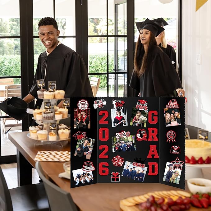4 Set Graduation Photo Display Board, Class of 2026 Black Red Trifold Poster Board with Grad Pattern Stickers, Graduation Photo Props Collage for Multiple Pictures Party Decorations, 16x24 Inch