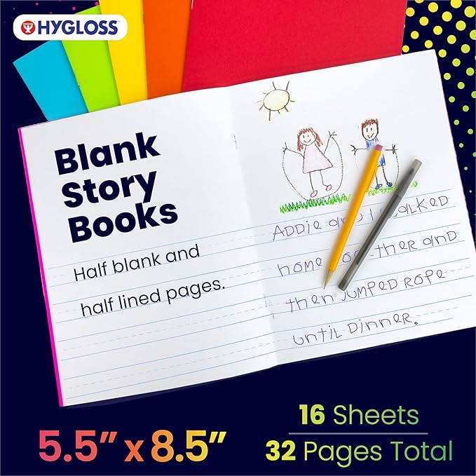 Hygloss Half Blank Books for Kids to Write Stories and Illustrate – Bulk 48 Pack – 5.5" x 8.5" A5 – Small Primary Journal for Grades K-2, Preschool/Kindergarten Notebook with Picture Space – 24 Pages