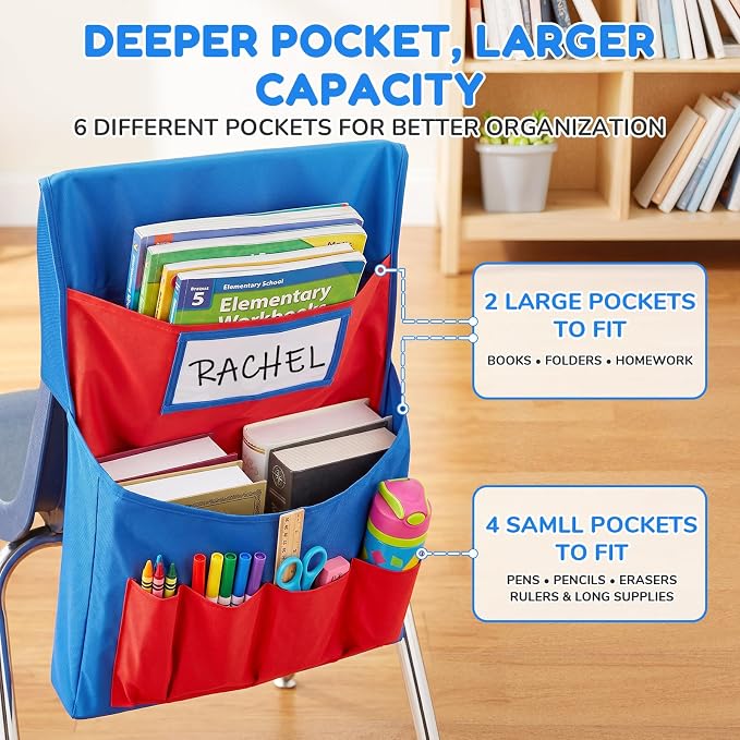Joycat 12 Pack Classroom Chair Pockets for School, 6 Pocket Student Storage Organizer with Name Tag Holder, Colorful Chair Bags for Classroom & Homeschool Supplies