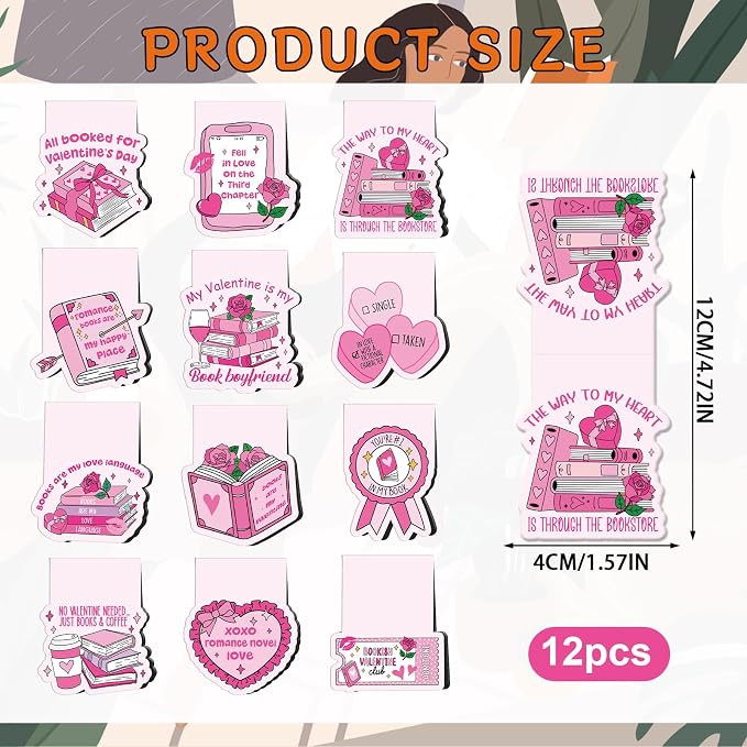 Valentine's Day Magnetic Bookmarks Gifts - Wxiben 12 Pcs Lover Heart Bookmarks for Reading Valentine Romance Book Mark Magnets Page Clips Gift for Book Lover Women Men Students Teachers Bookish