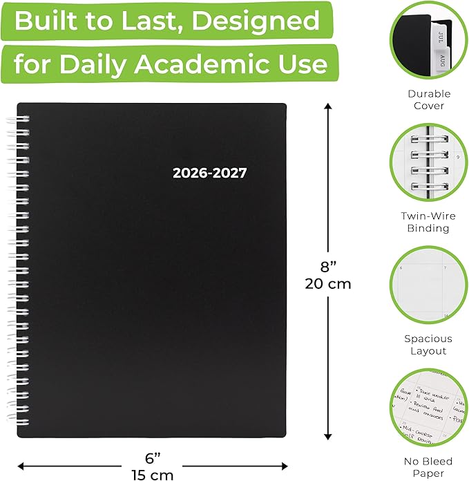 WallDeca Academic Planner 2026-2027, Daily, Weekly & Monthly Planner, July 2026 - June 2027, Student Notes Pages, Twin-Wire Binding Day and Weekly Agenda for School & Work (8 x 6-Inches, Black)