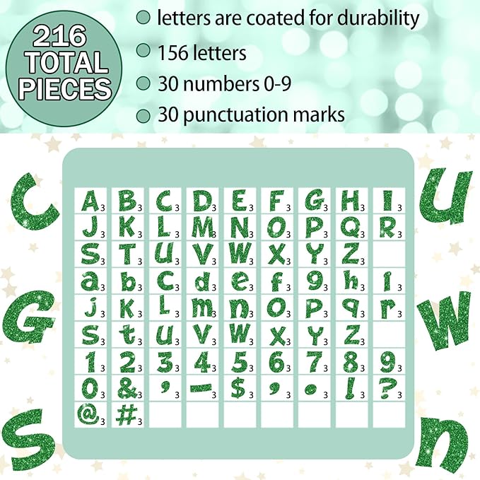 Colarr 216 Pcs Glitter Bulletin Board Letters for Classroom Number Alphabet Punctuation Symbol Cutout 4'' Die-Cut Poster Letter with Adhesive Dot School Graduation Party Summer Decor Display(Green)