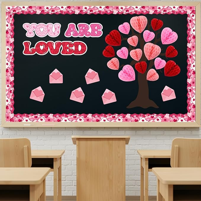 Fuutreo 53 Pcs You are Loved Tree Bulletin Board Classroom Decorations Set Heart Honeycombs Cutouts with Glue Points Envelope Pink Bulletin Border for School Home Wall Wedding Indoor Supplies