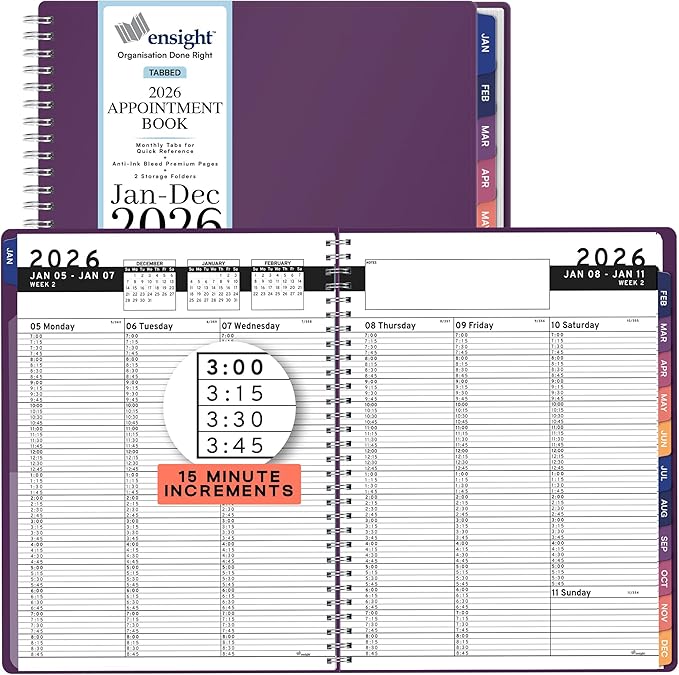 Ensight 2026 Appointment Book and Planner 8.5" x 11" Large Hourly Weekly Daily Schedule Book with Tabs, 15 Minute Time Slots, Purple Calendar Organizer Jan 2026–Dec 2026 Appointment Planner - Purple
