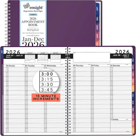 Ensight 2026 Appointment Book and Planner 8.5" x 11" Large Hourly Weekly Daily Schedule Book with Tabs, 15 Minute Time Slots, Purple Calendar Organizer Jan 2026–Dec 2026 Appointment Planner - Purple