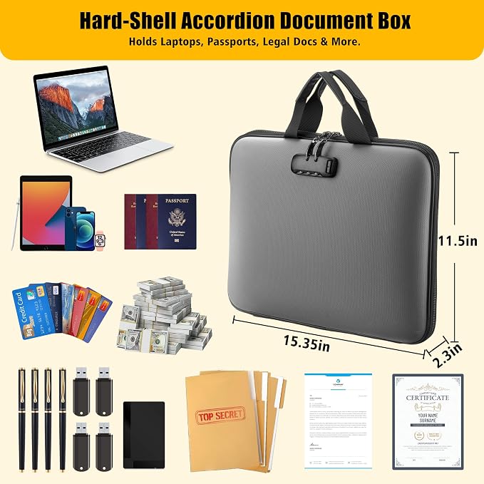 Fireproof Document Box with Combination Lock, Hard-Shell Fireproof File Organizer for Legal Documents, Laptop, Valuables & Important Papers, 13-Pocket Accordion File Folder