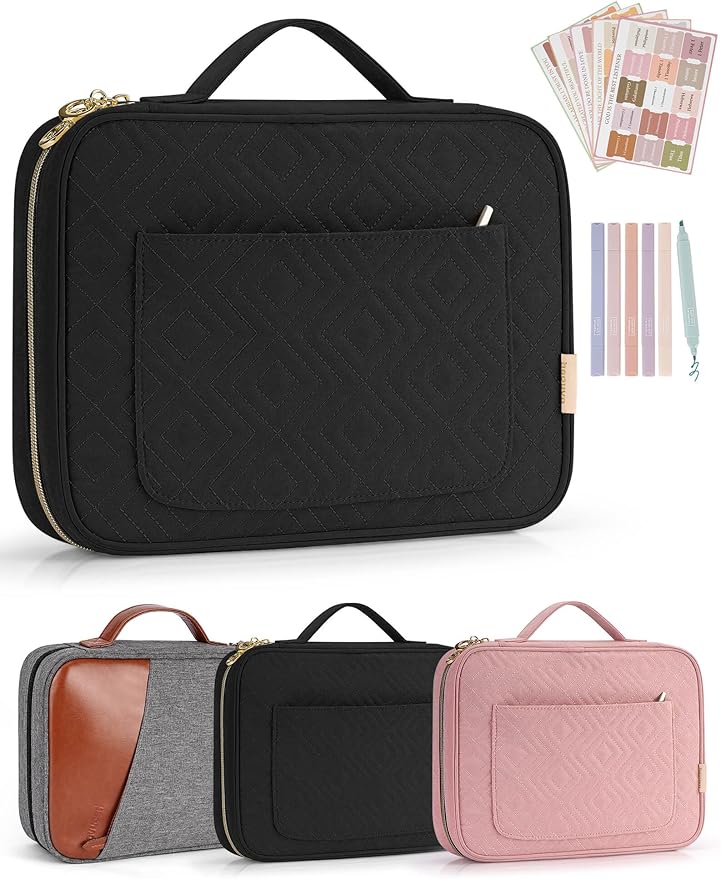 heouvo Bible Cover Case for Women, Bible Study Supplies, Bible Journaling Kit, 6 No Bleed Bible Highlighters and Pens, 75 Bible Tabs, Large Size Zippered Bible Bags (Black)