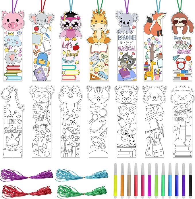 140PCS Color Your Own Bookmarks, 14 Styles Animal DIY Coloring Blank Bookmarks for Kids, Cartoon Animal Unfinished Page Marker for Reading Lover, Party Game Prize Classroom