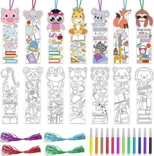 140PCS Color Your Own Bookmarks, 14 Styles Animal DIY Coloring Blank Bookmarks for Kids, Cartoon Animal Unfinished Page Marker for Reading Lover, Party Game Prize Classroom