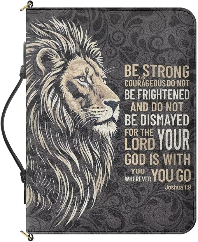 2XL Bible Cover Cases for Men, Black Bible Bags with Strap and Handle, Lion Print Joshua 1:9 PU Leather Biblia Holder with Inner Pockets and Pen Loop, Church Bags for Women