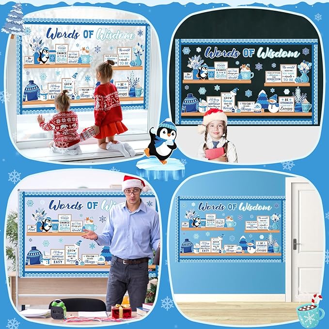 Winter Bookshelf Bulletin Board Set Words of Wisdom Classroom Decorations Inspirational Winter Snowman Snowflake Paper Cutouts for Holiday School Classroom Decor