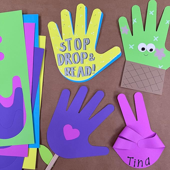 48 Piece Handprint Happy Cutouts with IDEA Guide, US Made 2-Sided Brightly Colored Card Stock Punch Out Handprint Paper Accents for Bulletin Boards, Classroom Decor, Back to School & DIY Crafting