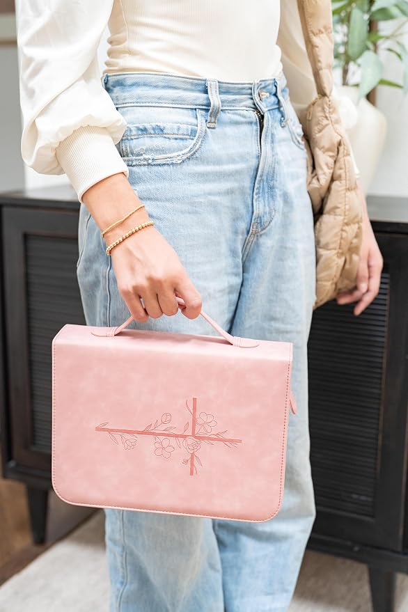 Bible Cover Case for Women – PU Leather Large Bible Case with Minimalist Debossed Design – Christian Bible Accessories for Girls & Women (Pink)