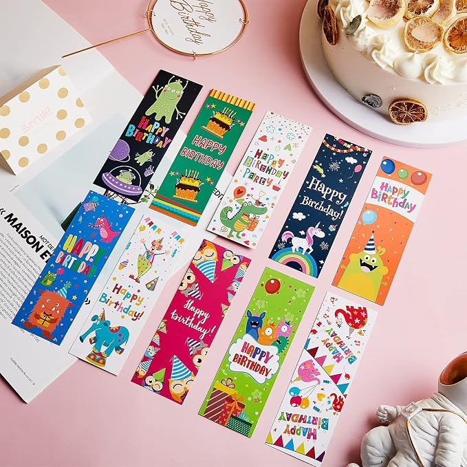 Tenare 100 Pieces Happy Birthday Bookmarks Laminated Imaginative Colors and Patterns for Students Classroom Stationery Supplies