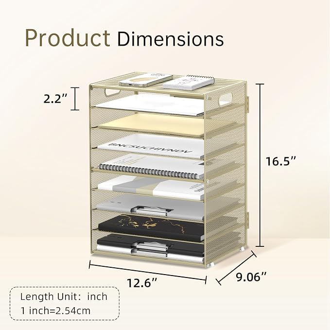 DALTACK 9-Tier Paper Organizer for Desk, Mesh Letter Tray Desk Organizer with Handles, Space-Saving File Organizer for Office Home School, Golden Yellow