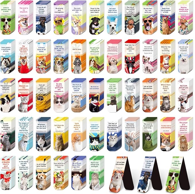 100 Pack Bible Magnetic Bookmarks Christian Magnet Bookmark Clips for Women Men Book Lovers Bible Lovely Puppy Page Markers for School Office Home Reading Supplies,Printing on 2 Side（50 Cat & 50 Dog）