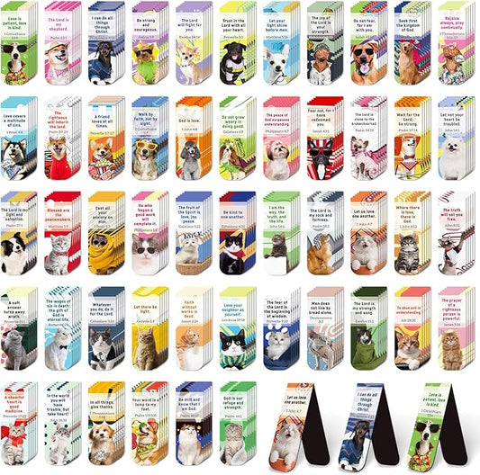 100 Pack Bible Magnetic Bookmarks Christian Magnet Bookmark Clips for Women Men Book Lovers Bible Lovely Puppy Page Markers for School Office Home Reading Supplies,Printing on 2 Side（50 Cat & 50 Dog）