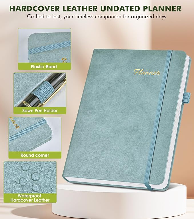 Undated Weekly and Monthly Planner, Hardcover Leather Calendar Blank Planner, Simplified To Do List Notebook with Goal & Habit Tracker Organizer, A5 Daily Weekly Planner for Work School Home, Blue
