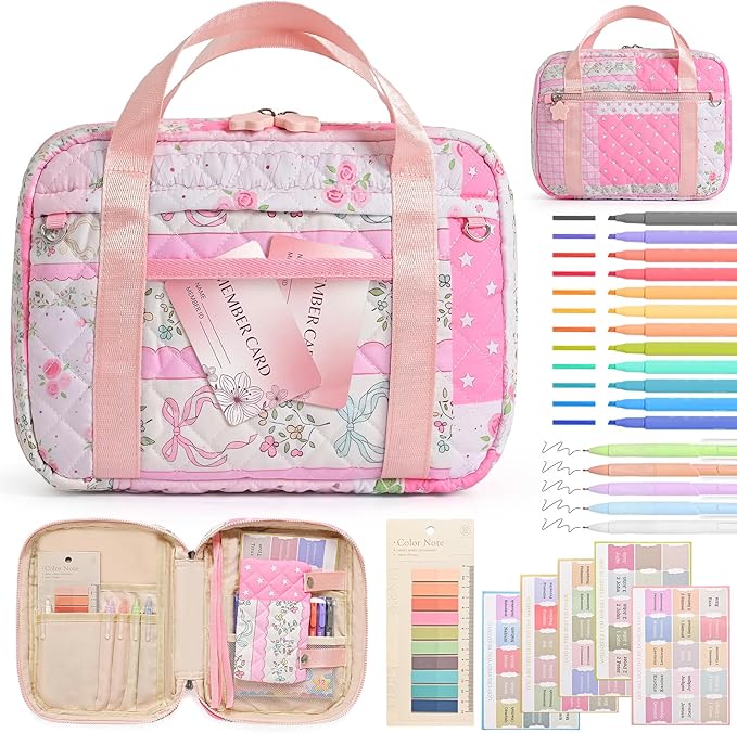 Quilted Bible Cover for Women, Zippered Bible Case with Handle, Bible Organizer Bag w/Multiple Pockets & Pen Slots Lightweight Bible Tote Bag for Church Study, Gifts for Women (Spliced Flower, Pink)