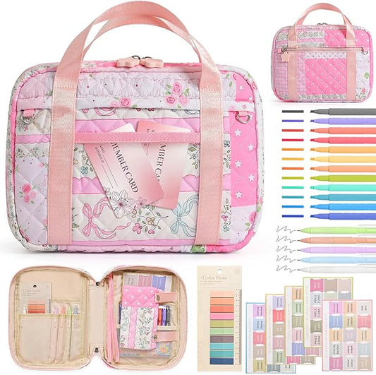 Quilted Bible Cover for Women, Zippered Bible Case with Handle, Bible Organizer Bag w/Multiple Pockets & Pen Slots Lightweight Bible Tote Bag for Church Study, Gifts for Women (Spliced Flower, Pink)
