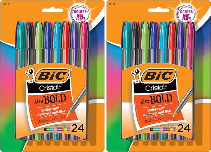 BIC Cristal Xtra Bold Ballpoint Pens,Bold Point (1.6mm) For Vivid And Dramatic Lines,Assorted Colors,Perfect Ink Pens,24 Count (Pack of 2)