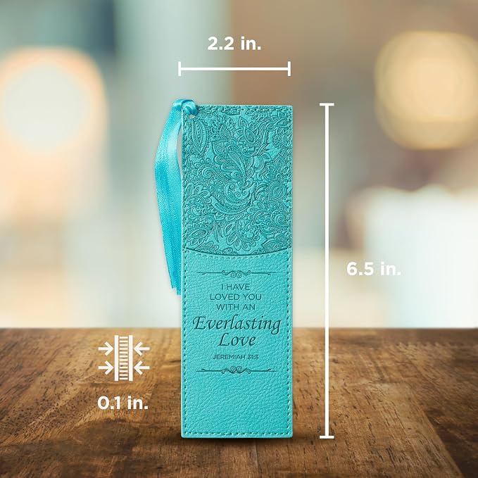 Christian Art Gifts Premium Vegan Leather Scripture Bookmark for Men & Women: Everlasting Love - Jeremiah 31:3 Inspirational Bible Verse, Heat-Debossed, Faith-Based Reading Accessory w/Tassel, Teal