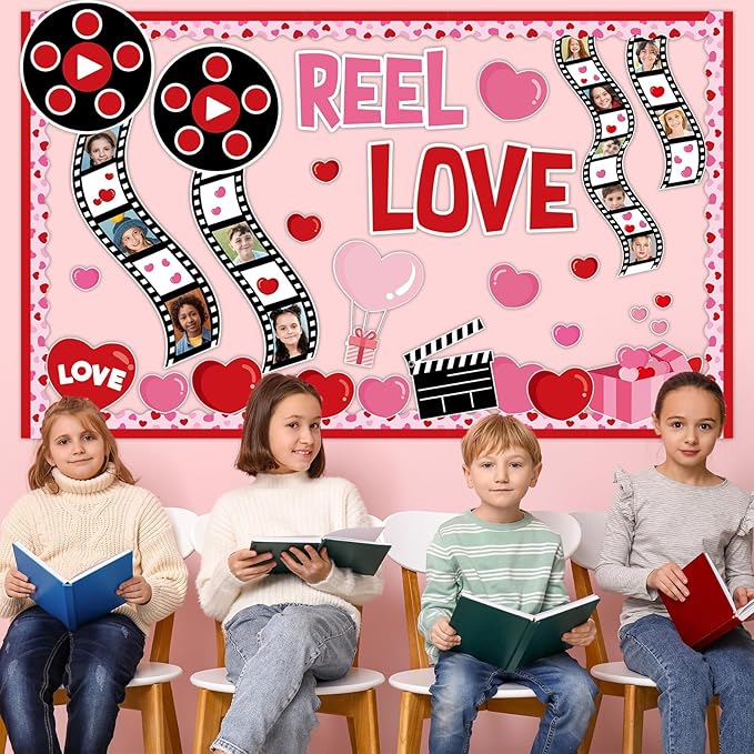Valentine's Day Bulletin Board Decorations Movie Night Bulletin Board Movie Themed Paper Cutouts Valentines Red Pink Heart Classroom Decor for Wall Chalkboard Decor Supplies