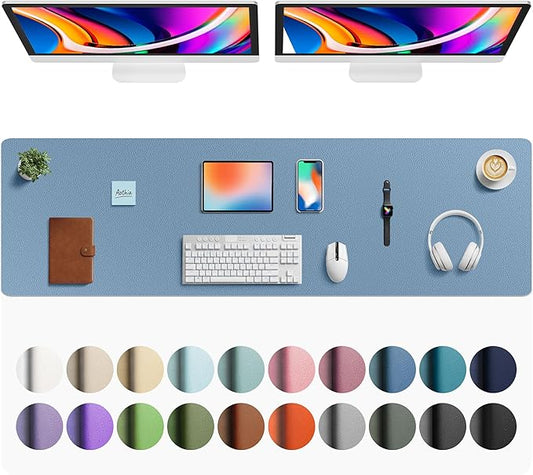 Aothia Faux Leather Desk Mat - Large Mouse Pad, Non-Slip PU Leather Blotter, Waterproof Writing Surface for Office and Home (Denim Blue, 63" x 17")