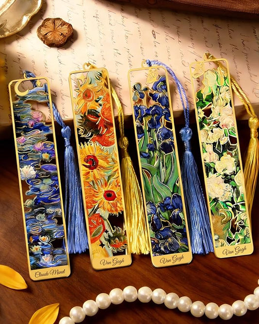 4 Pieces Metal Bookmarks with Tassel, Golden Hollow Bookmark Van Gogh Monet Oil Painting Theme Book Marker for Book Lovers Writers Readers Children Teens Men Women Adults