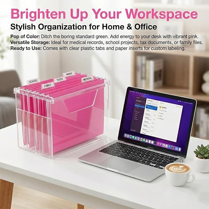 VZCPYTPM 50 Pack Hanging File Folders,Letter Size File Folder,Pink Hanging Folders for Filing Cabinet,Reinforced Rods for Smooth Gliding,Includes 1/5 Adjustable Tabs & Inserts,Ideal for Home & Office