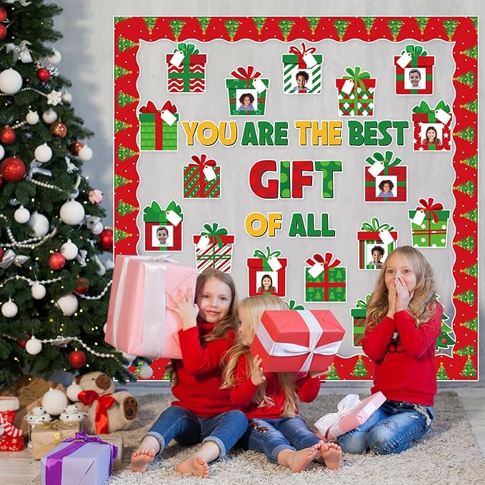 86 Pcs Christmas Bulletin Board with Christmas Tree Borders Christmas Xmas Gift Boxes Cutouts Winter Holiday Classroom Bulletin Board for Classroom Decoration School Home Holiday Party