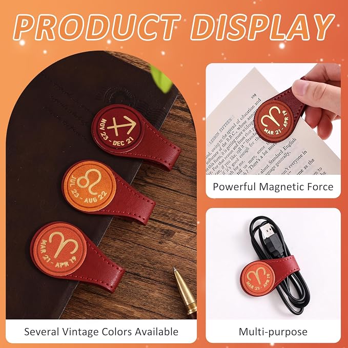 3 PCS Leather Magnetic Bookmark Clips, Zodiac PU Leather Bookmarks for Book Lovers, Full Set of Book Clip Accessories, Fire Sign
