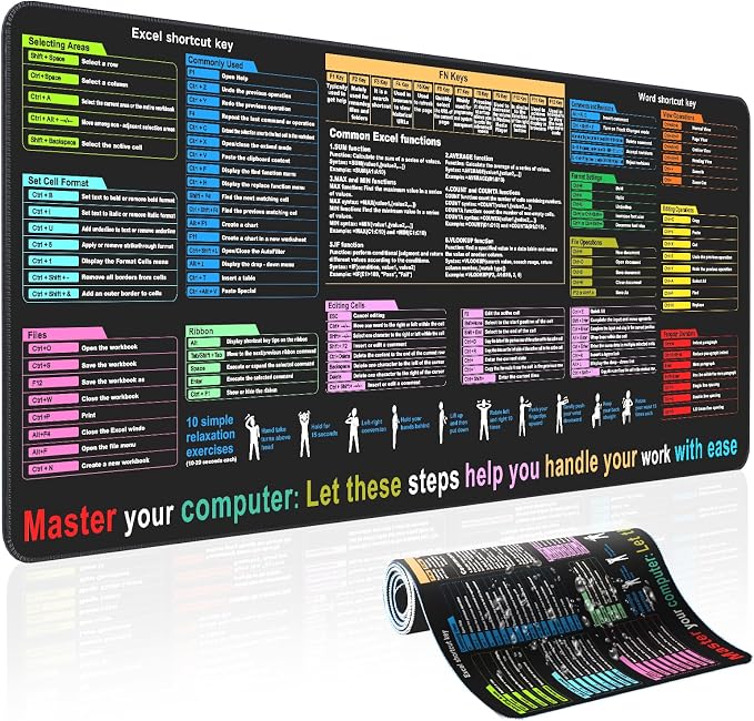 Excel Cheat Sheet Desk pad—Contains 12 Types of Common Skills in Excel and Word|Large XL Size（31.5 * 11.8 inch）|Desk mat for Keyboard and Mouse|Work、Study、Gaming Mouse pad|Waterproof、Anti-Slip