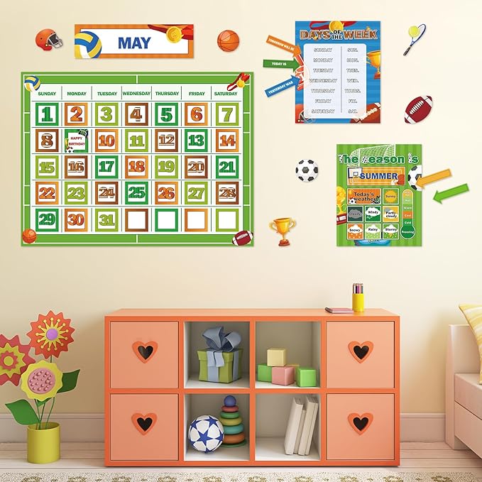 Sports Football Calendar Bulletin Board Set for Classroom Decoration Basketball Soccer Calendar Seasons Weather Chart Sport CTP Bulletin Board Paper-Cuts for Teachers Elementary School Classroom