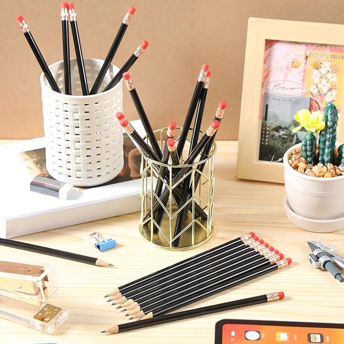 Outus 24 Pieces Round Pencils HB Graphite Pencils Wood Pencils with Eraser Cute Pencil Pack for School Drawing Sketching Wedding Office Supplies(Black)