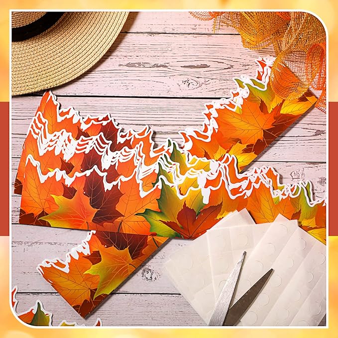 Leinuosen 50.5 ft Fall Bulletin Board Borders Maple Leaves Shape Die-Cut Bulletin Board Strips Colorful Autumn Leaf Trim with 20 Sheets Glue Point Dots for Fall Harvest Thanksgiving Classroom Decor